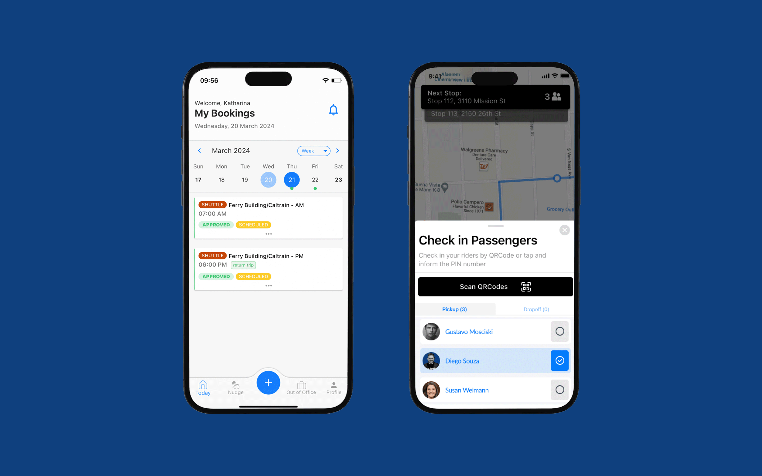 Two smartphone screens displaying different app interfaces: one shows a user's booking schedule, and the other shows a map and passenger check-in option.