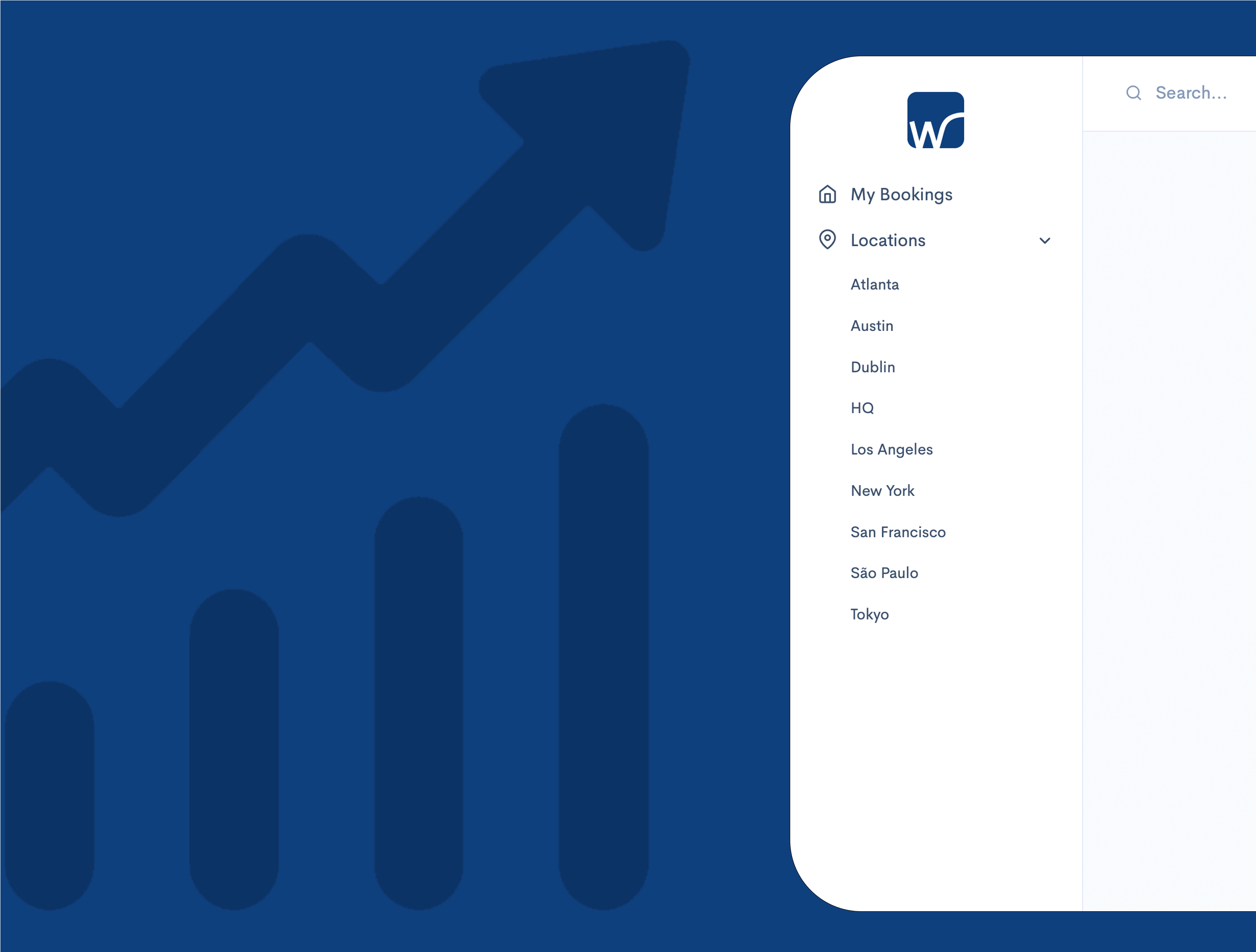 A digital dashboard interface with a bookings menu displaying various locations, alongside a graph with an upward trend on a blue background.