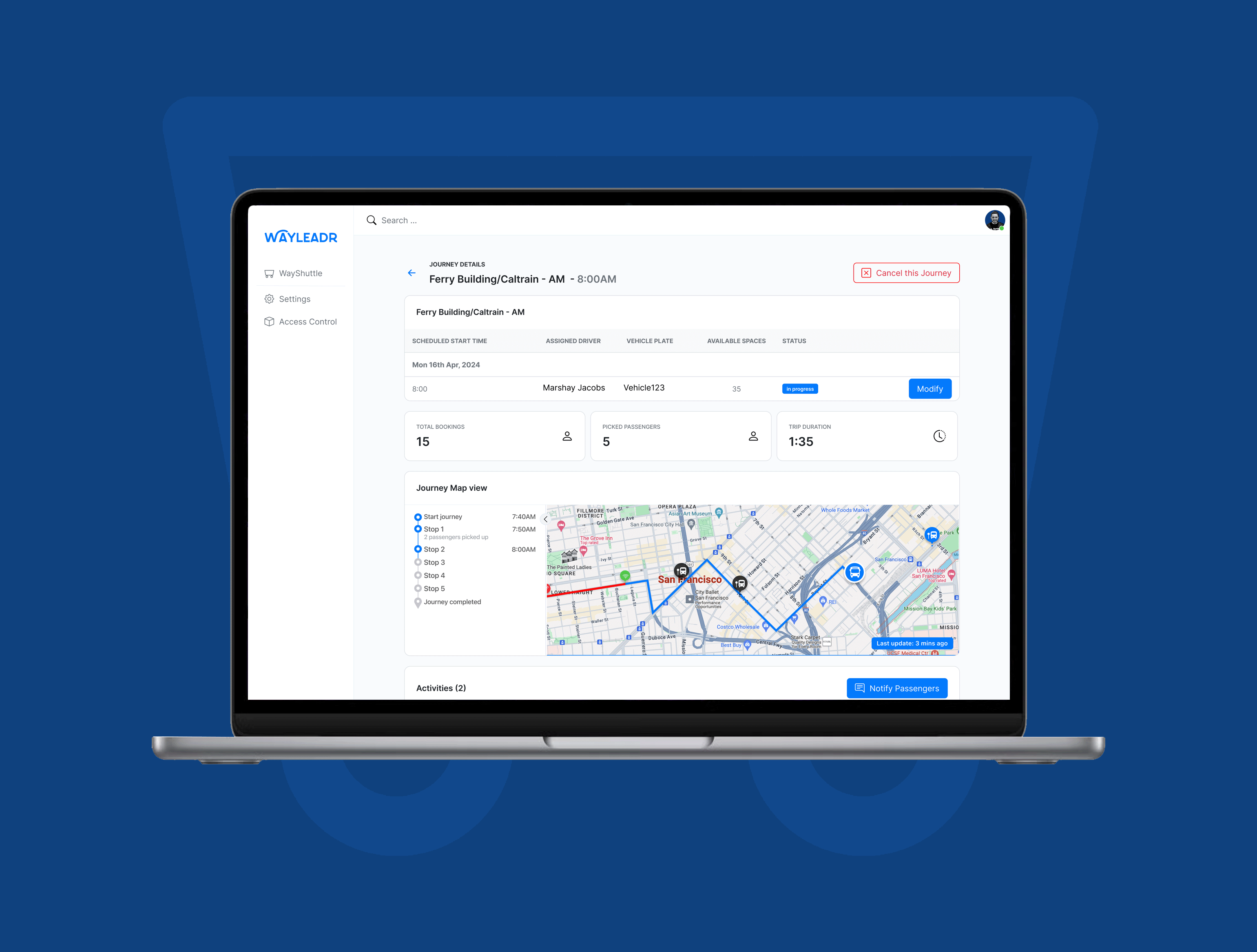 Laptop displaying a travel itinerary with departure details, time, and map route on the screen against a blue background.