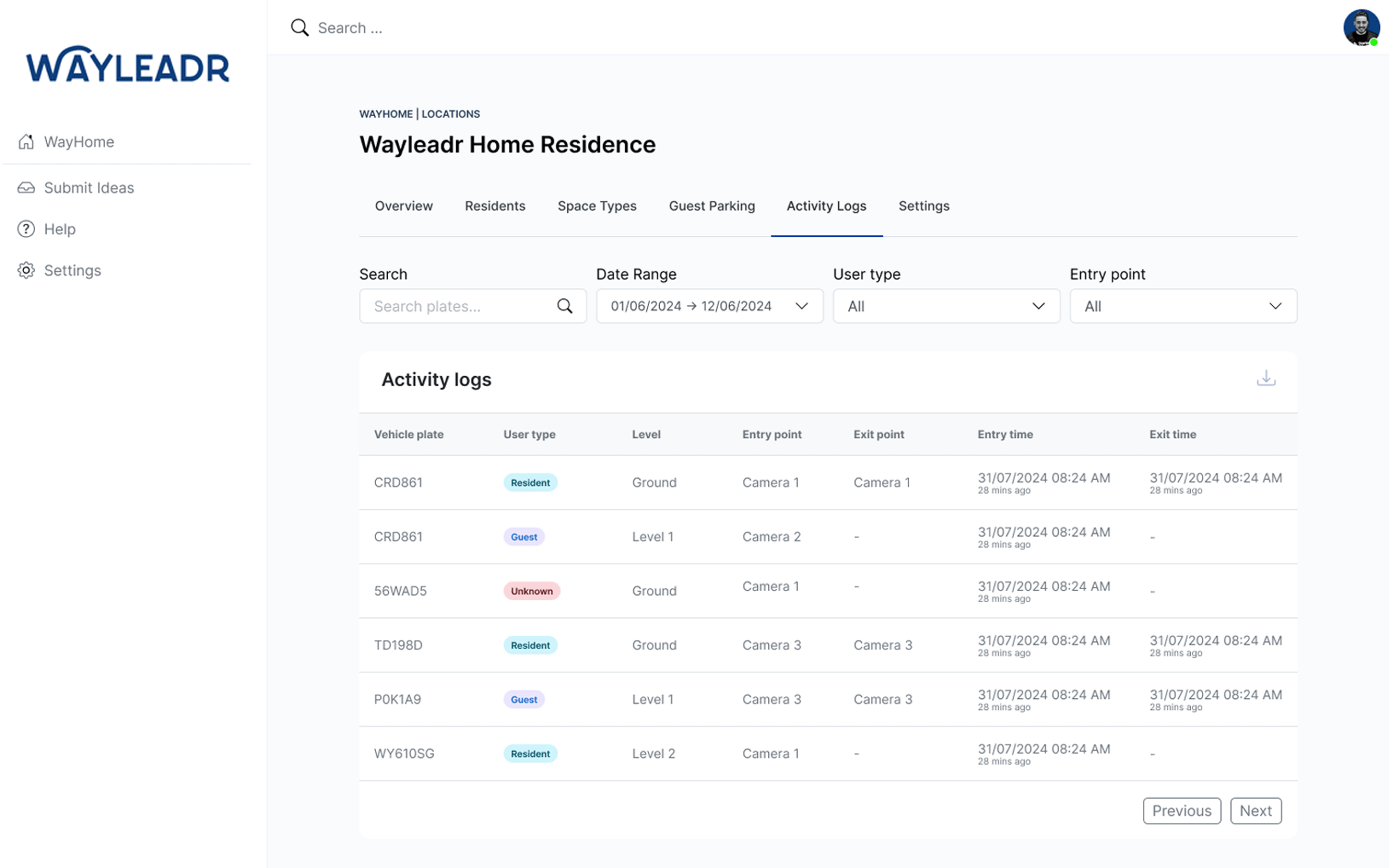 Screenshot of a Wayleadr dashboard showing activity logs for a residence, with options to search and filter by date range, user type, and entry point. A list of entries with details is displayed.