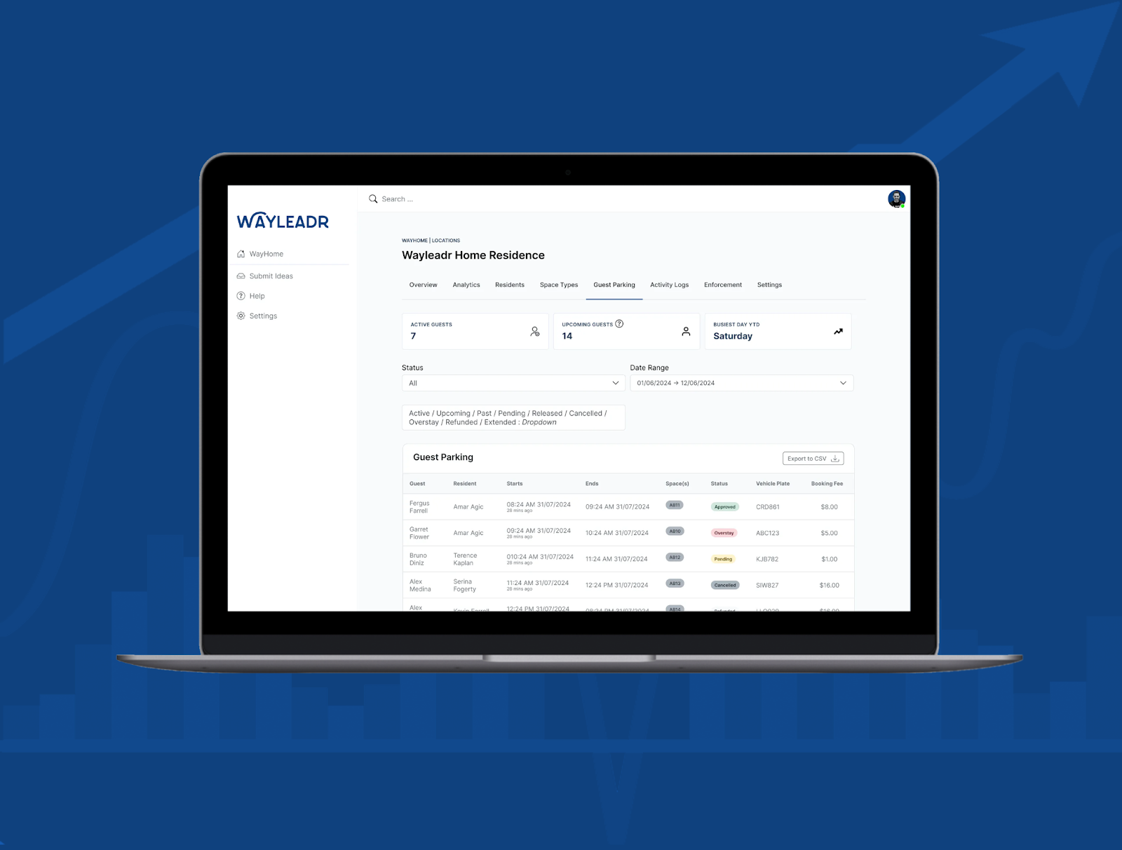 A laptop displaying a Wayleadr dashboard interface against a blue background, showing guest parking details and reservation list.