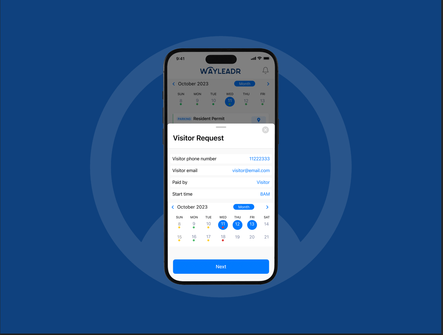 Smartphone screen displaying a visitor request form with details like phone number, email, and start time, set against a blue background with a circular logo.