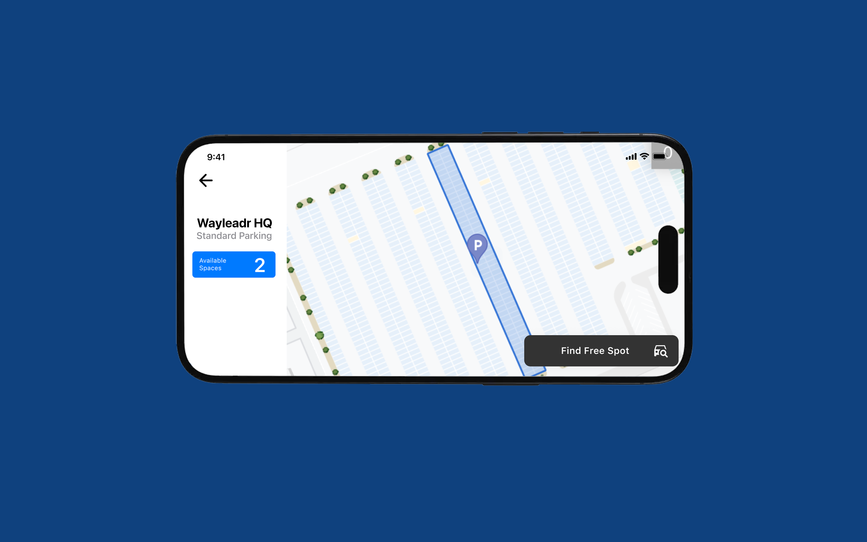 Smartphone displaying a parking app interface with a map showing available parking spaces and a button labeled "Find Free Spot.