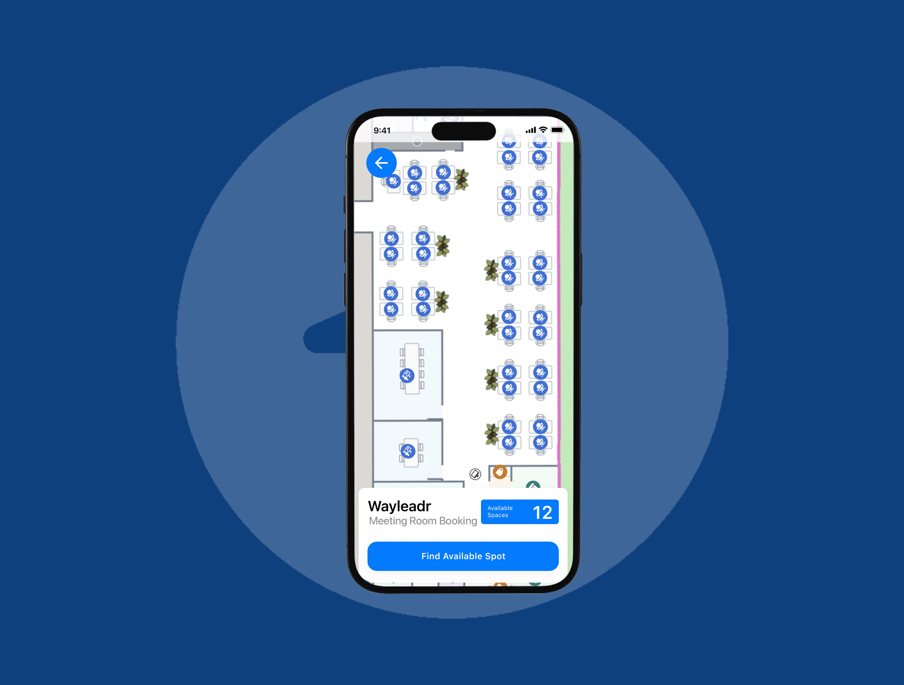 A smartphone displays an app with a floor plan for meeting room bookings.