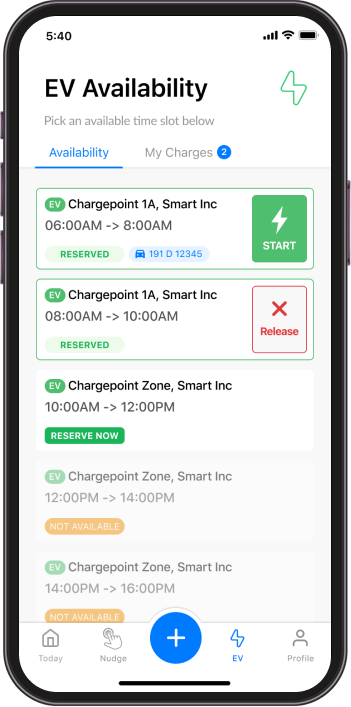 Smartphone screen showing EV charging time slots. "Reserved" and "Start" options in green, "Release" option in red. Various time slots from 6:00 AM to 4:00 PM displayed. "EV" tab selected.