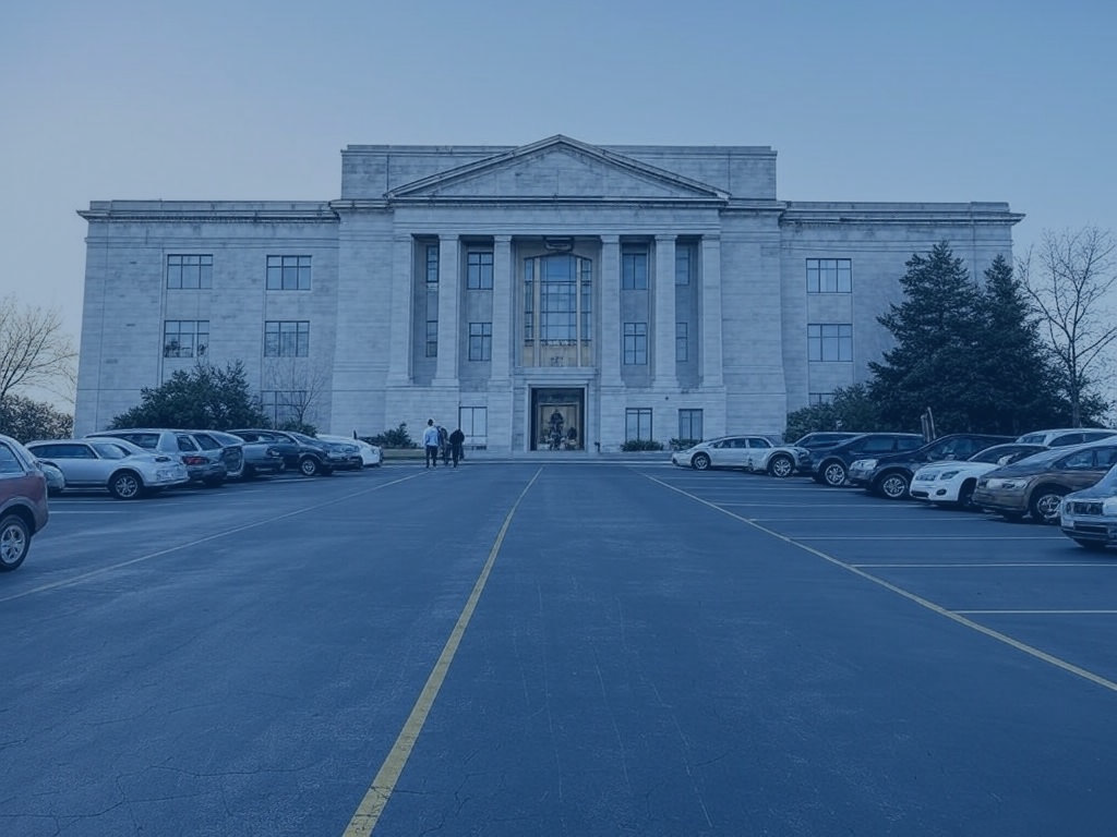 Federal employees returning to the office at a historic government building with stone columns and a parking lot in front.