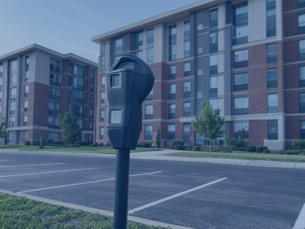 Parking meter in front of an apartment building with empty parking spaces.