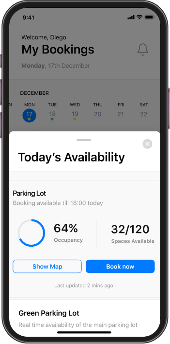 Mobile app screen showing parking lot availability. Occupancy at 64%, 32 out of 120 spaces available. Features options to show map and book now.