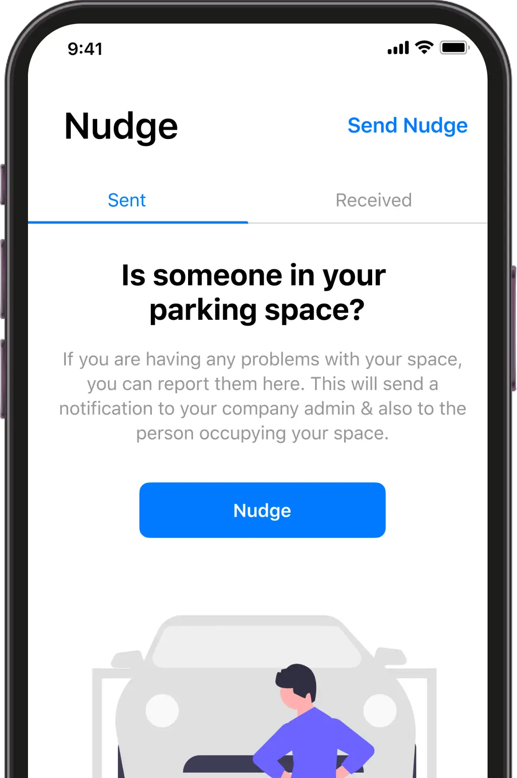 Smartphone screen displaying an app interface with a prompt to report parking space issues, featuring a "Nudge" button below the text.