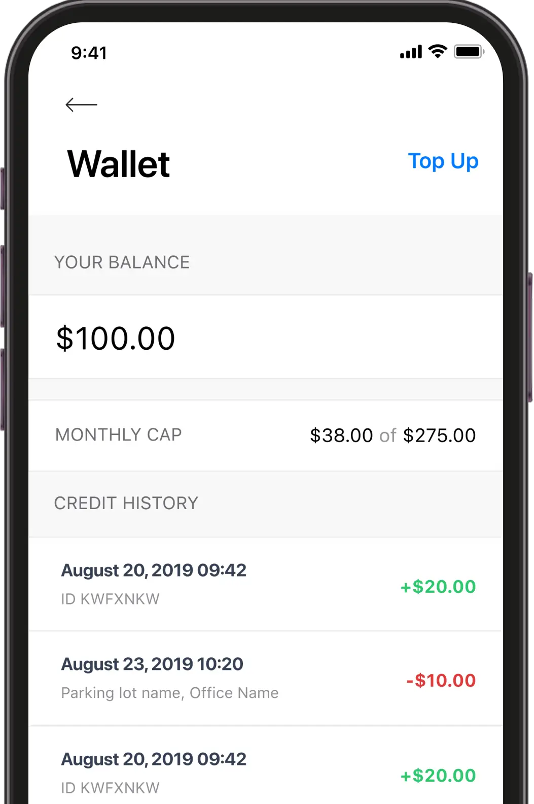 Smartphone screen displaying a digital wallet with a balance of $100.00. Monthly cap usage is $38.00 of $275.00. Credit history includes two transactions: +$20.00 and -$10.00.