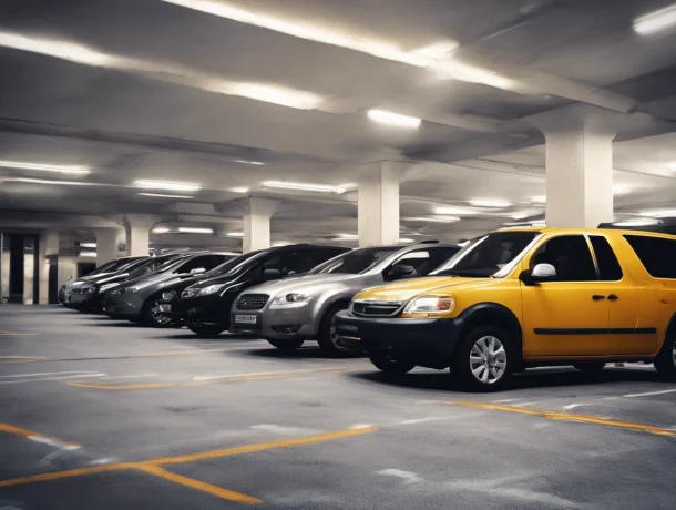 A row of vehicles parked inside an indoor parking garage, managed with professional parking management. Most cars are in shades of grey and black, with one noticeable yellow car standing out. The garage is well-lit with overhead lights.